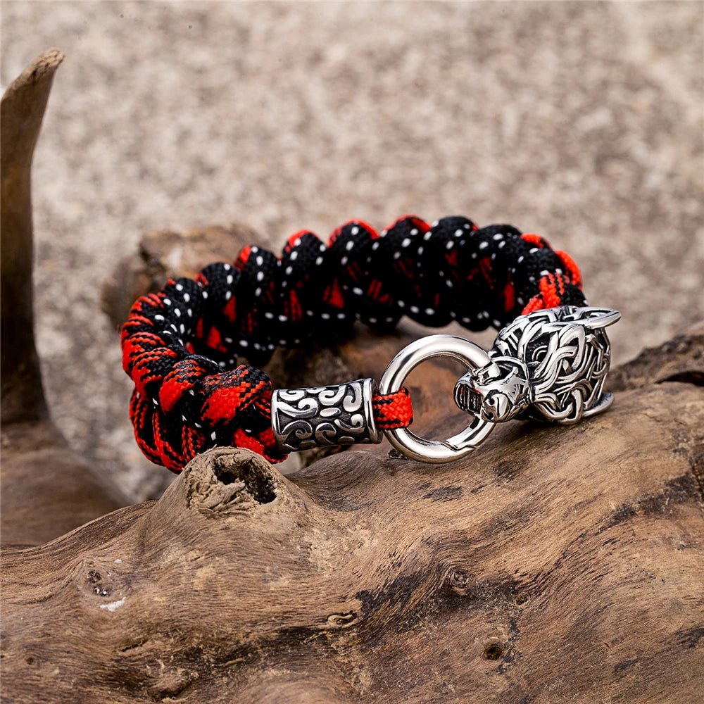 Vintage Norse Runes Celtic Wolf Survival Rope Bracelet - Handmade Stainless Steel Wristband for Men, Vikings Jewelry
