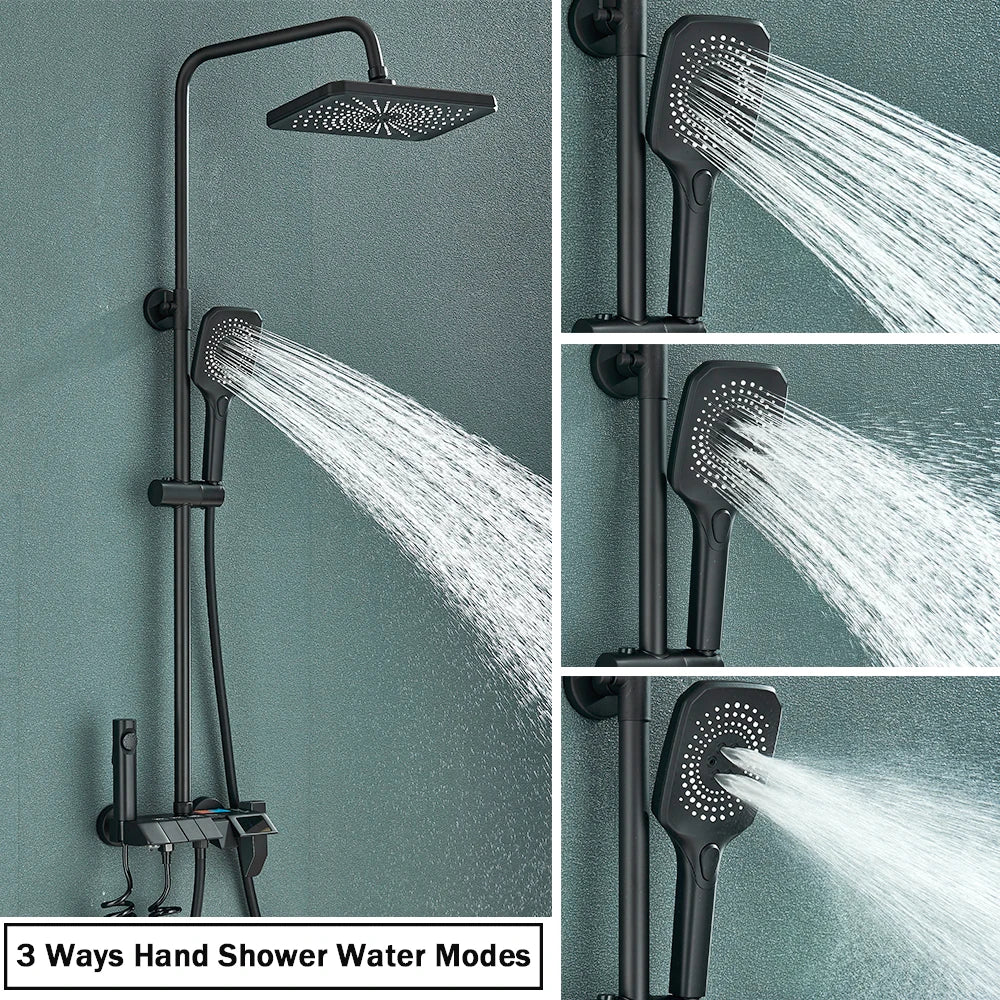 Rozin Black Smart Digital Display Shower Faucet Set - Piano Style Rainfall Bathroom System with Grey Digital Mixer Tap & Bidet Shower