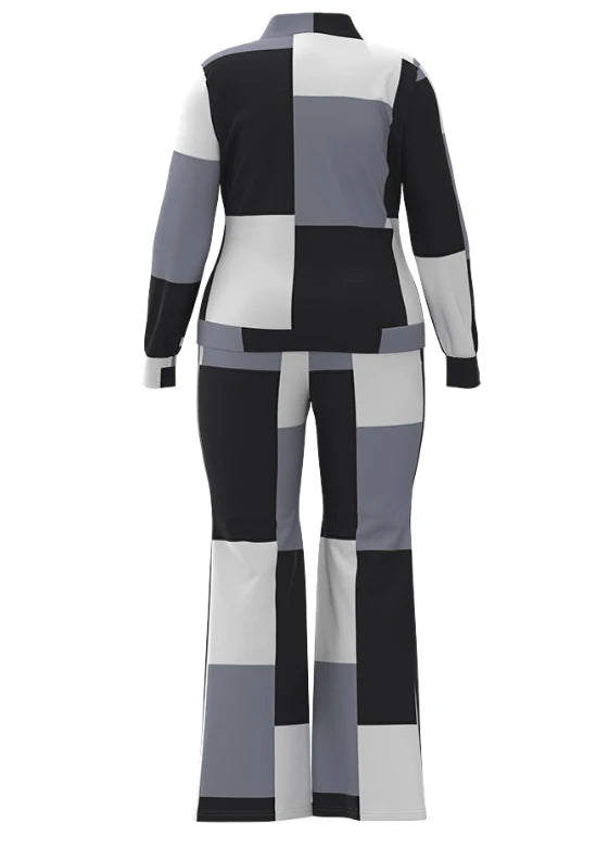 Women’s 2023 Autumn Two-Piece Set – Geometric Print Stand Collar Zip-Up Top & Casual Sporty Pants