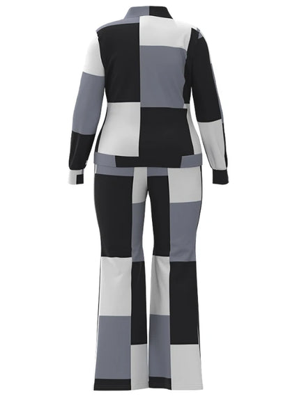 Women’s 2023 Autumn Two-Piece Set – Geometric Print Stand Collar Zip-Up Top & Casual Sporty Pants