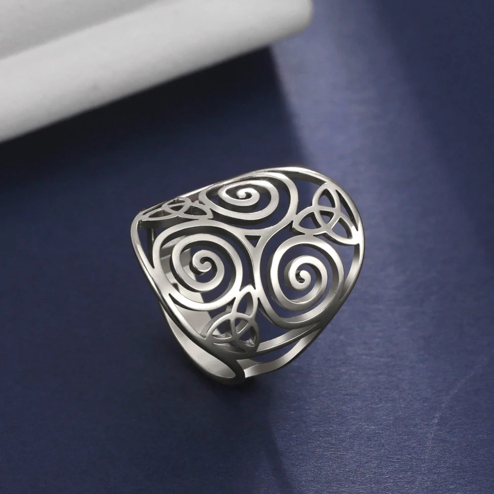 Triskelion Amulet Adjustable Ring – Celtic Knot Stainless Steel Ring for Men & Women, Wicca Vintage Jewelry Gift
