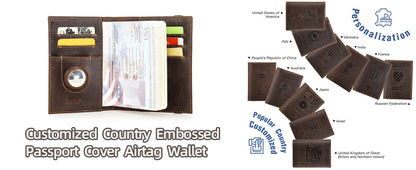 Genuine Cow Leather Passport Holder with AirTag Case – RFID Blocking Travel Wallet with Pen, Card Holder & Anti-Lost Pocket
