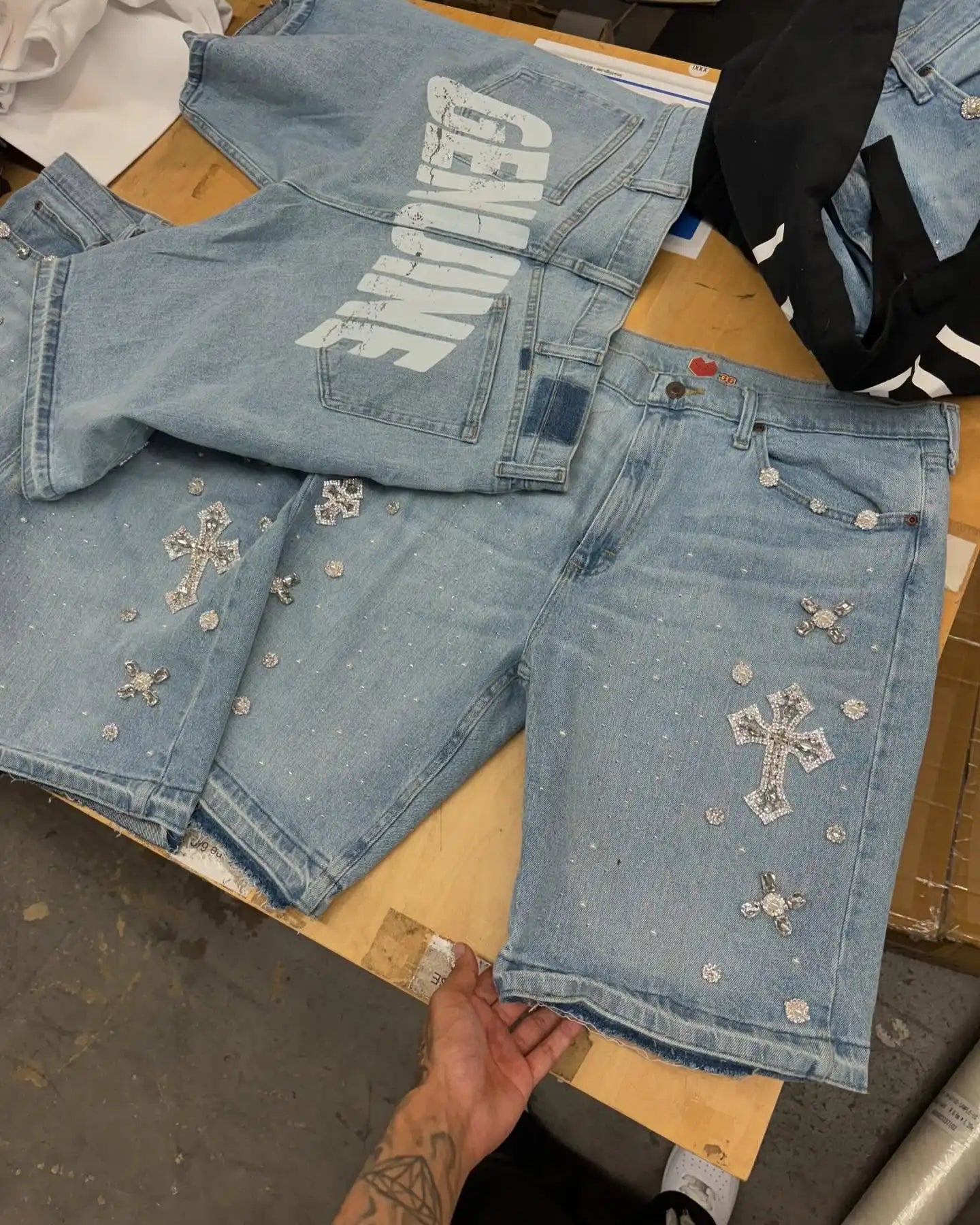 Y2K Gothic Rhinestone Denim Shorts — Diamond Cross Embroidered Hip Hop Jorts for Men & Women