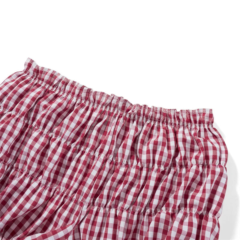 Sweeten Your Style: Xingqing Red and White Plaid Shorts - Y2K Women's Clothes with Elastic Waist, Ruffles, Cake Short Design, Perfect for Lolita Pettipants