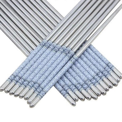 Blue and White Print Steel Chopsticks - Durable Kitchen Tableware for Food Enjoyment