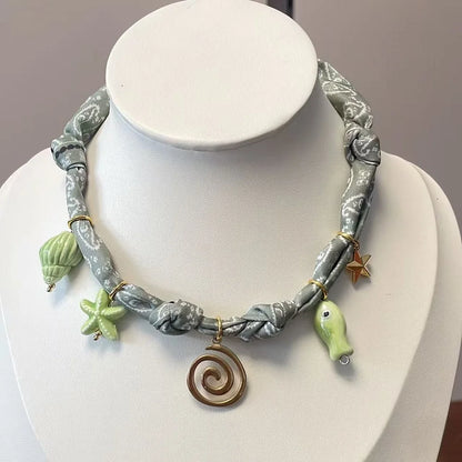 Bohemian Fabric Scarf Necklace - Sea Life, Heart & Floral Charm Pendant Vacation Jewelry Gift for Women