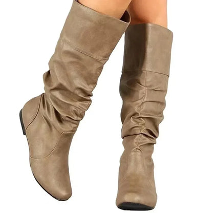 Women’s Mid-Calf Cowboy Boots – Flat Western Style Faux Leather Spring Autumn Shoes 35–43