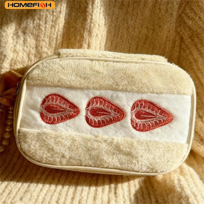HOMEFISH Strawberry Plush Makeup Bag - Cute Embroidered Multi-Function Cosmetic Storage Pouch for Women