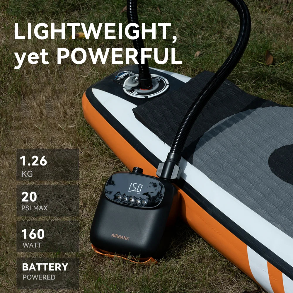 Airbank Rechargeable SUP Pump | 20PSI Inflatable PVC Boat & Kayak Accessories | Perfect for Surfing, Kite, Mattress, and Tent