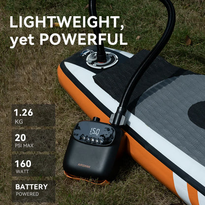 Airbank Rechargeable SUP Pump | 20PSI Inflatable PVC Boat & Kayak Accessories | Perfect for Surfing, Kite, Mattress, and Tent