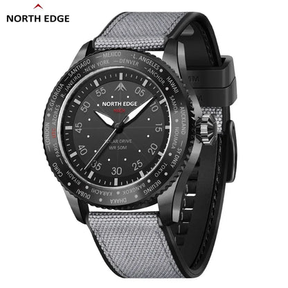 NORTH EDGE MACH 2024 Solar Powered Men's Watch – Dual Time Zone Waterproof Pilot Watch with TPR Nylon Strap