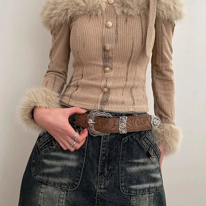 Western Brown PU Leather Vintage Belt for Women — Cowgirl Waist Belt with Metal Carved Buckle, 3-Set Designer Belts for Jeans