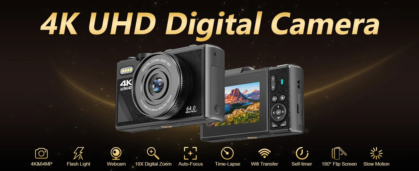 4K Camera for Photography – 18X Digital Zoom, 64MP Vlogging Camcorder, 3'' Flip Screen, WIFI Selfie Webcam for YouTube