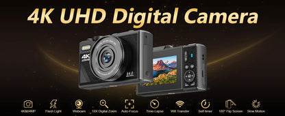 4K Camera for Photography – 18X Digital Zoom, 64MP Vlogging Camcorder, 3'' Flip Screen, WIFI Selfie Webcam for YouTube