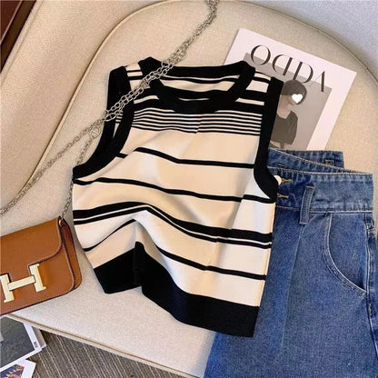 Women's Casual Striped Knit Sleeveless Tank Top with Contrast Trim – Pink, Black & White