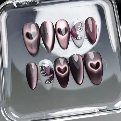 24PCS Strawberry Bow Press On Nails - Red Short Almond Pearl Starlight Floral False Nail Art Tips