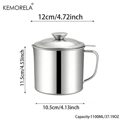 Stainless Steel Oil Filter Pot - 1.1L/1.3L Cooking Oil Strainer Container with Lid & Heat Resistant Fat Separator