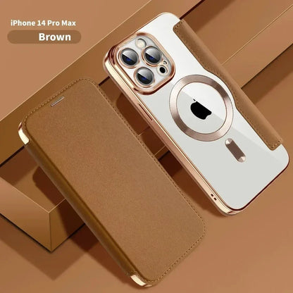 Electroplated Flip Leather Case for iPhone 16, 15, 14, 13, 12 & 11 Plus Pro Max – Luxury MagSafe Wireless Charging Protective Cover