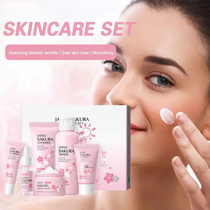 6PCS Sakura Skincare Set – Face Cream, Serum, Toner, Cleanser, Sunscreen & Eye Cream in Gift Box