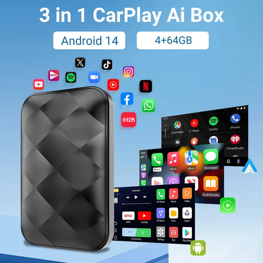Acodo 2025 3-in-1 CarPlay AI Box — Wireless Android Auto & USB Adapter for YouTube, Netflix, Universal TV, Plug & Play