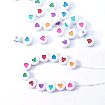 100Pcs 7mm Acrylic Flat Round Beads – Colorful Heart Pattern Spacer Beads for DIY Bracelet & Earring Jewelry Making Supplies