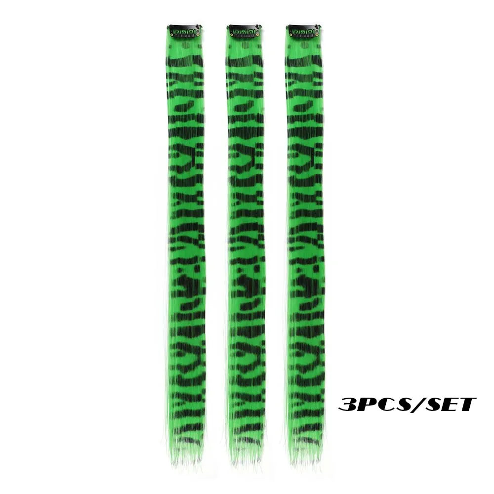 3-Piece Colorful Stripe Hair Extensions - Long Straight Synthetic Clip-In Hair Pieces for Parties & Halloween