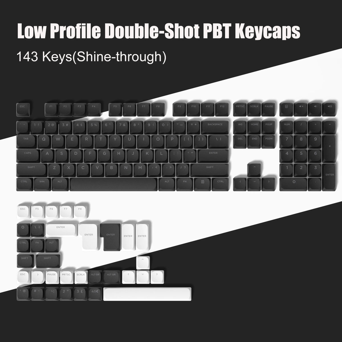 143-Key Low-Profile PBT Keycap Set - Double-Shot Keycaps for Gateron & Cherry MX Switches