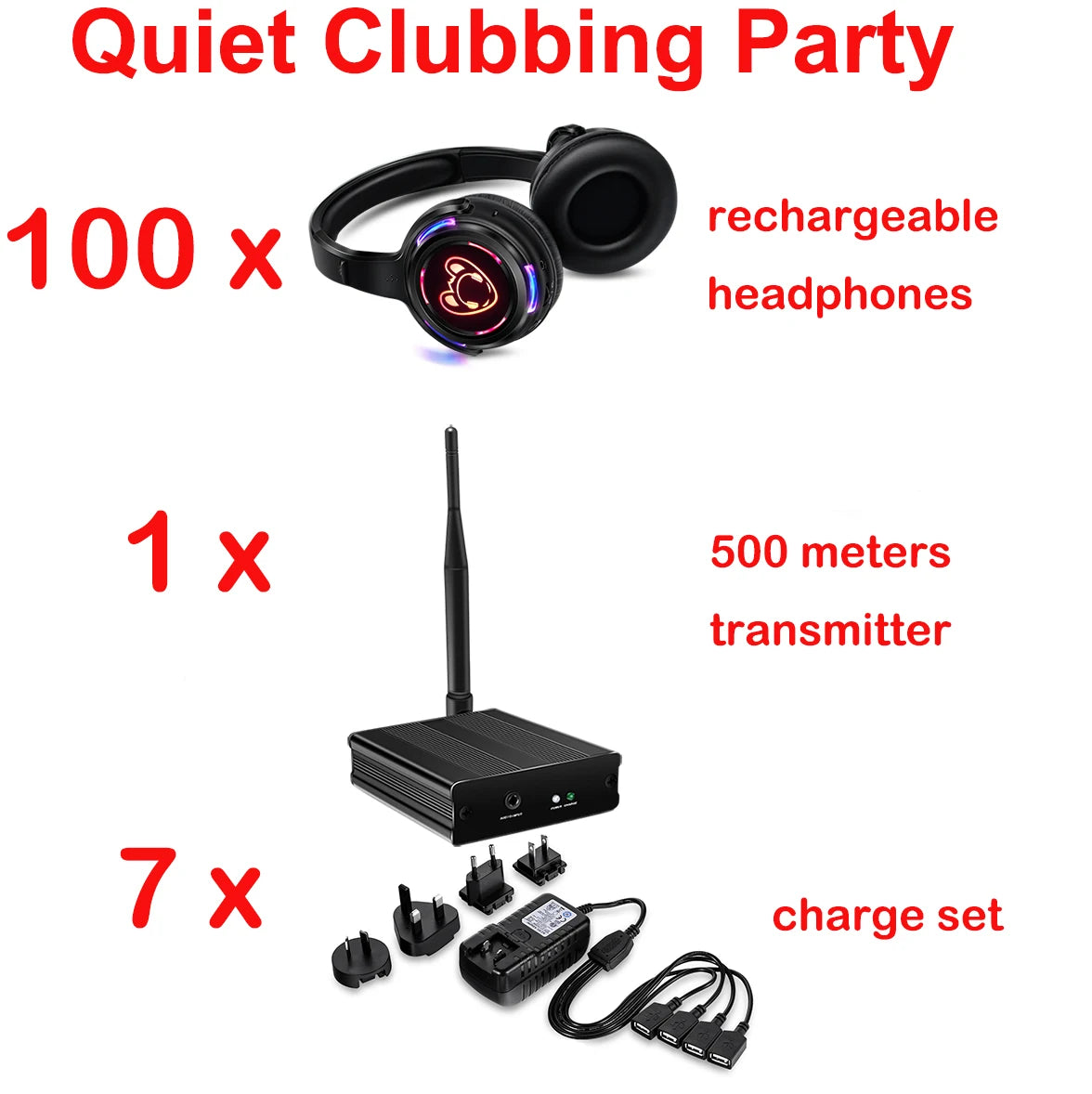 Silent Disco Complete System – Black LED Wireless Headphones Bundle with 5 Headsets & 1/2/3 Transmitters for Quiet Parties