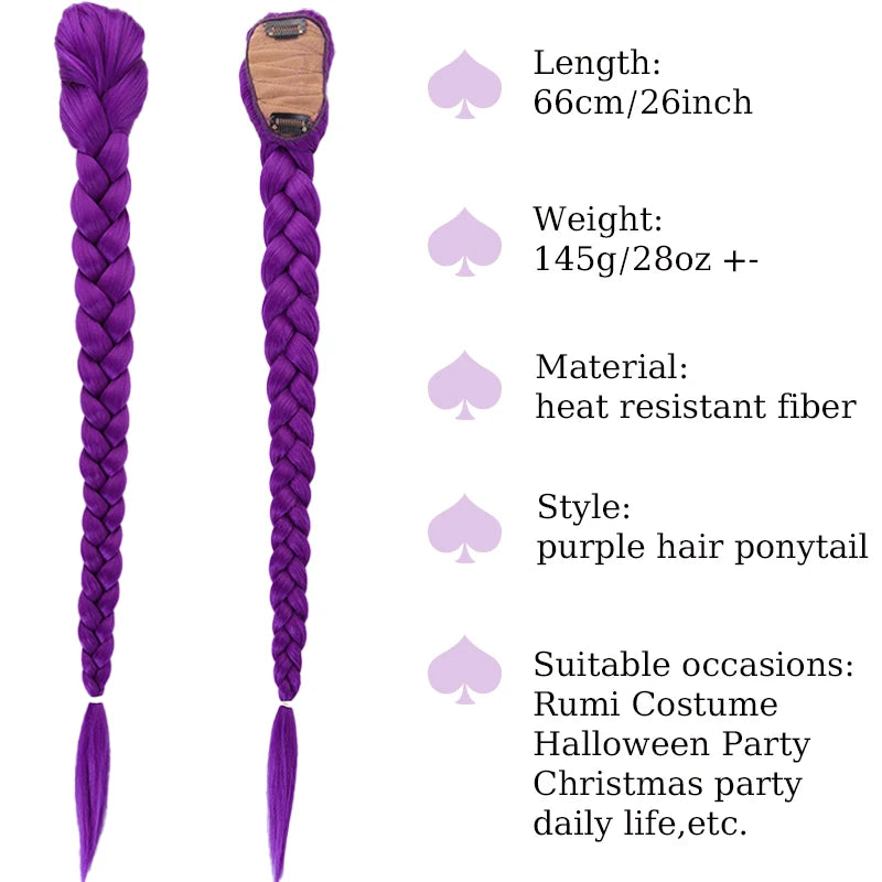 26-Inch Synthetic Braided Purple Ponytail – Kids Costume Hairstyle with Clips, Perfect for Halloween & Christmas for Girls