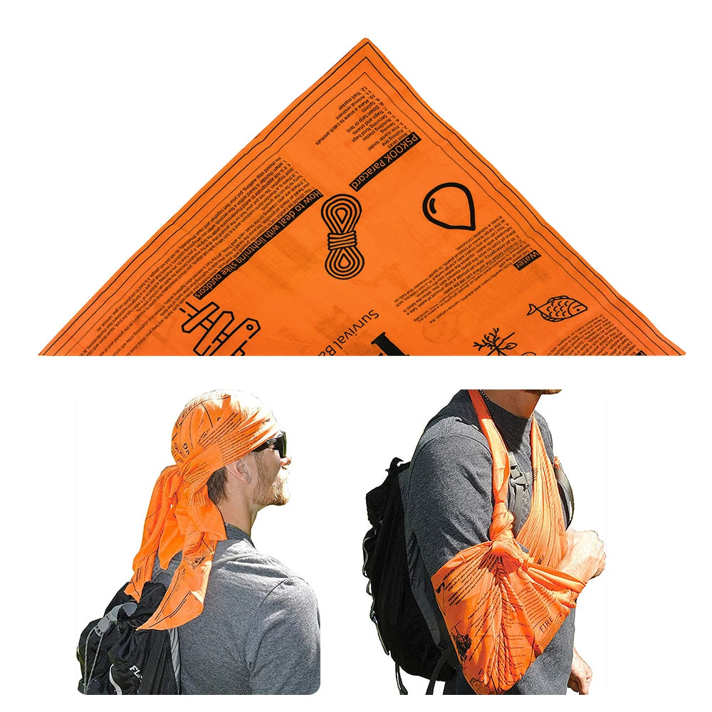 Survival Bandana - Heavy Duty Construction with Easy-to-Read Tips, High-Visibility Orange for Backpacking, Camping, Hiking, and Emergency Use