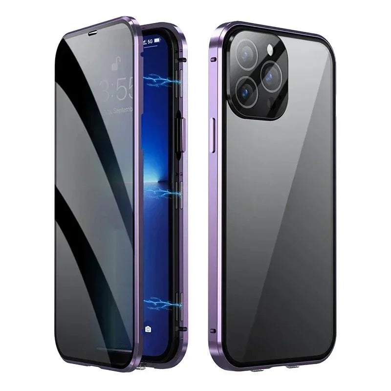 360° Full Protection Metal Magnetic Double-Sided Glass Case for iPhone 17 16 15 14 13 12 Pro Max Plus 17E 16E - Snap Lock Privacy Protective Cover
