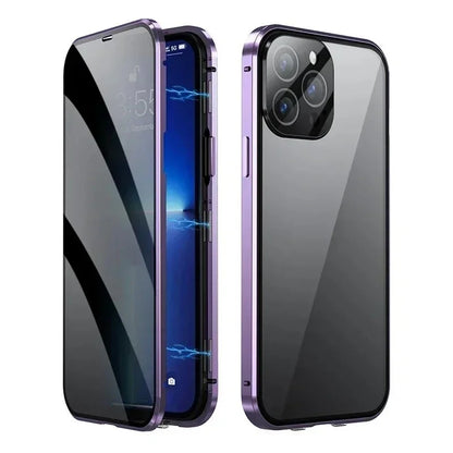 360° Full Protection Metal Magnetic Double-Sided Glass Case for iPhone 17 16 15 14 13 12 Pro Max Plus 17E 16E - Snap Lock Privacy Protective Cover