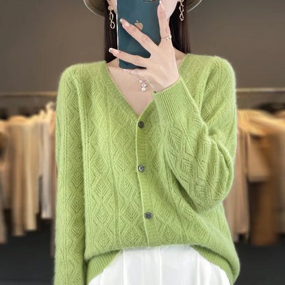 Women's 100% Wool Cashmere Cardigan – V-Neck, Super Soft, Loose Fit, Long Sleeve Knit Sweater