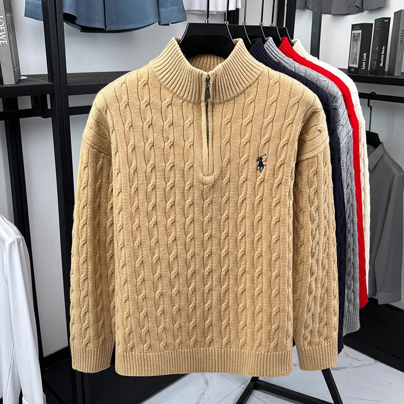 Heshi Men's Vintage Zipper Sweater - Stand Collar 3D Embroidery Autumn Winter Knitwear Casual Pullover