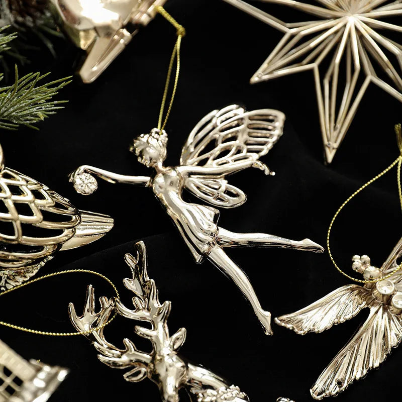Christmas Tree Ornaments – Gold Plastic Balls with Butterfly, Dragonfly, Angel & Snowflake Decorations