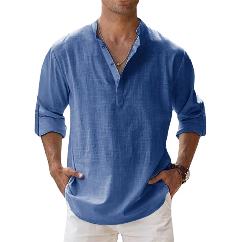 Men's Cotton Linen Henley Shirt - Lightweight Long Sleeve Casual Beach Summer Top