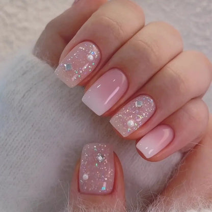 24PCS Short Square Coffin False Nails – French Glitter Acrylic Press-On Nail Tips with Glue, Wearable Fake Nails Set