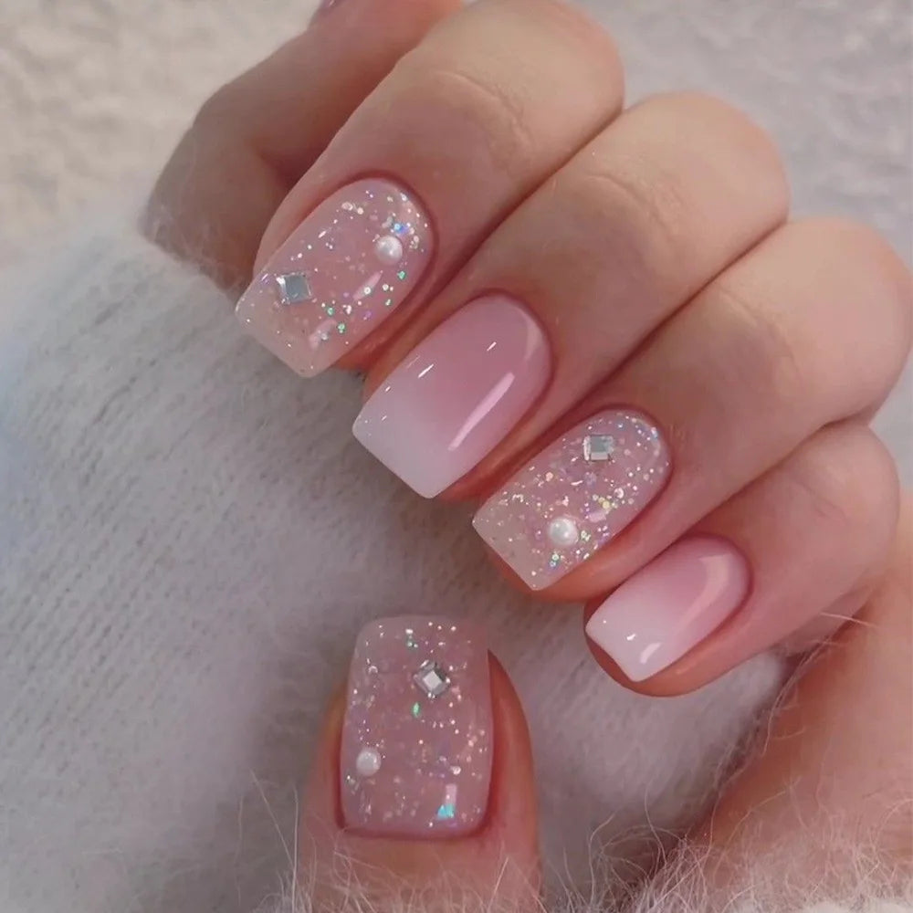 24PCS Short Press On Nails - Shimmer Ballet French Full Cover Artificial Nail Tips for Daily Manicure Style