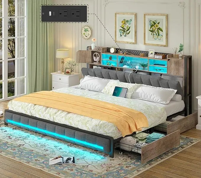 Full Size Upholstered Bed Frame with Storage Drawers, Bookcase Headboard, LED Lights & USB Charging Station