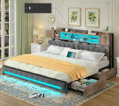 Full Size Upholstered Bed Frame with Storage Drawers, Bookcase Headboard, LED Lights & USB Charging Station