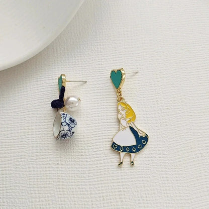 Fairy Tale Princess Alice Asymmetrical Earrings - Blue Heart Enamel Dangle Earrings with Imitation Pearls