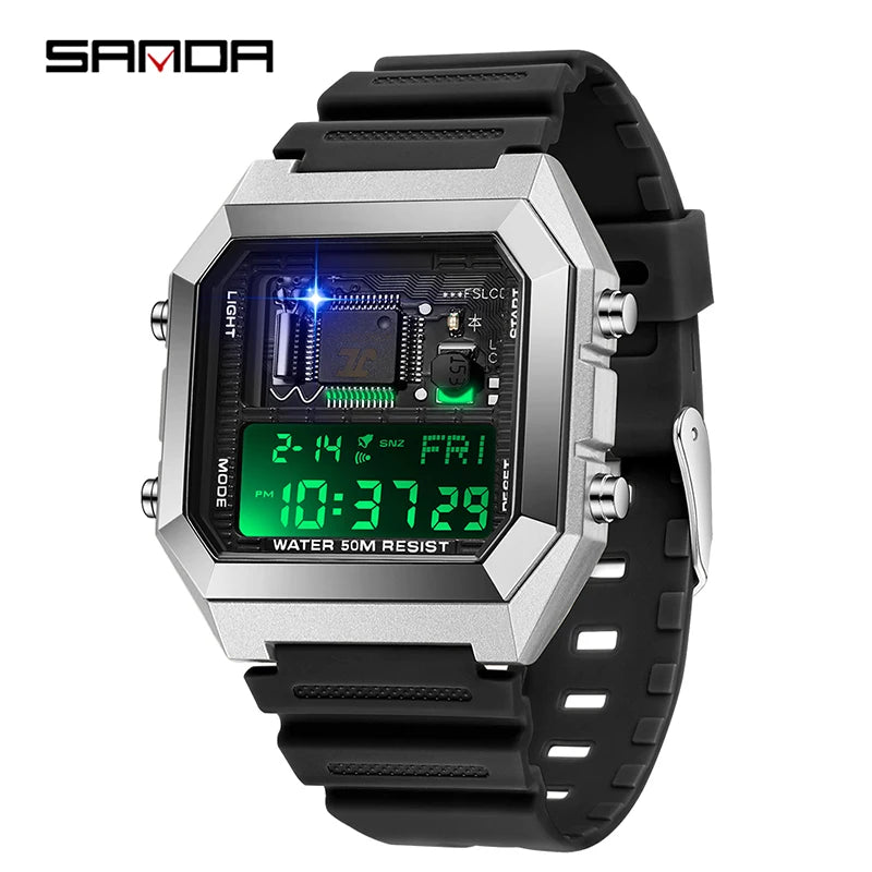 SANDA 6216 Men's Digital Sport Watch - Square LED Display, Waterproof Alarm & Stopwatch