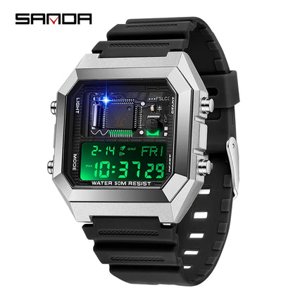SANDA 6216 Men's Digital Sport Watch - Square LED Display, Waterproof Alarm & Stopwatch