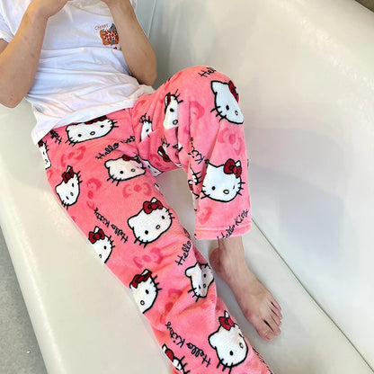 Hello Kitty Black Anime Flannel Pajamas - Women's Warm and Cozy Casual Home Pants