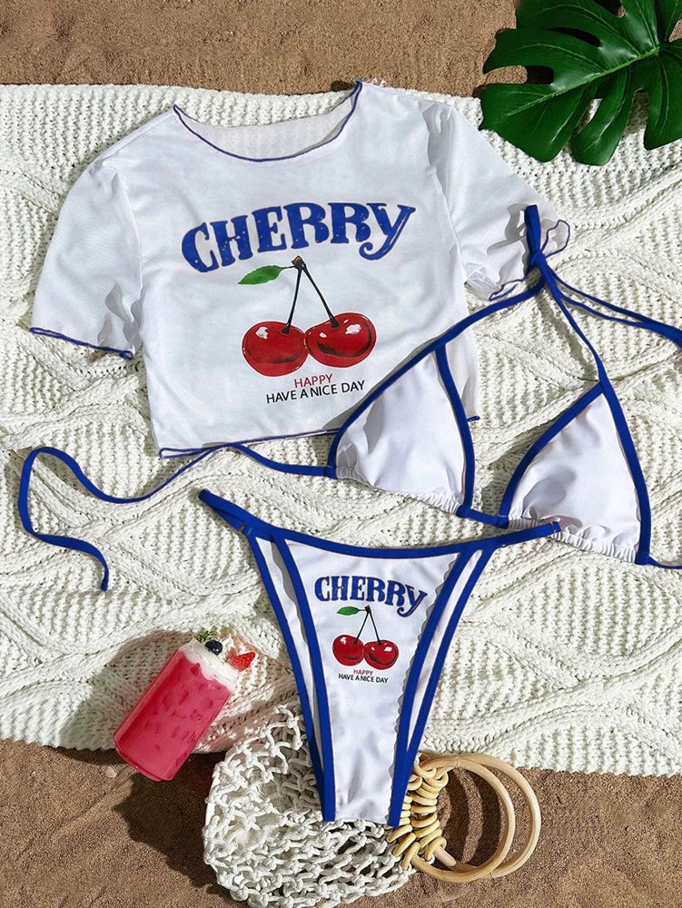 Women’s Cherry Print Halter Bikini Set – Sexy 3 Piece Dark Blue Beach Swimsuit 2026