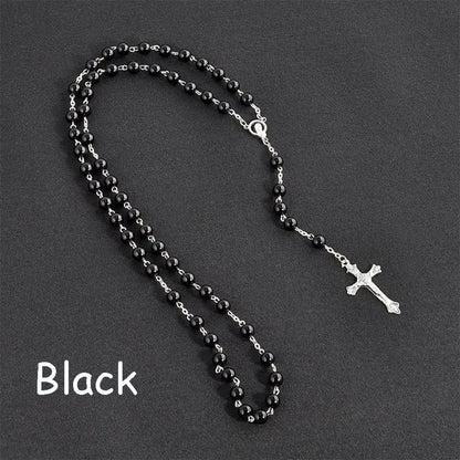 Vintage Cross Rosary Necklace – Fashion Beaded Chain with Jesus Crucifix & Virgin Mary Pendant Religious Jewelry for Men & Women