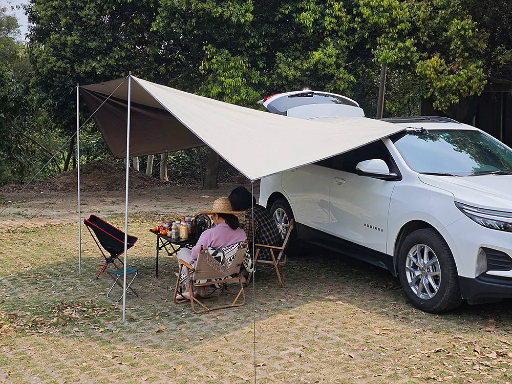 Manta Ray Car Side Awning – Black Coating Tarp with Suction Cup Anchor, Waterproof UV Protection for Outdoor Camping & SUV Shade
