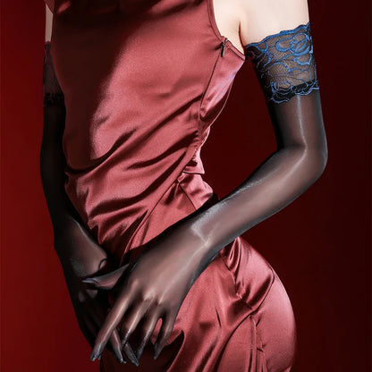 Ultra-Thin Aurora Lace Cuff Long Gloves for Women – Sheer Sexy Stretch Five-Finger Nightclub Cosplay Costume Accessories