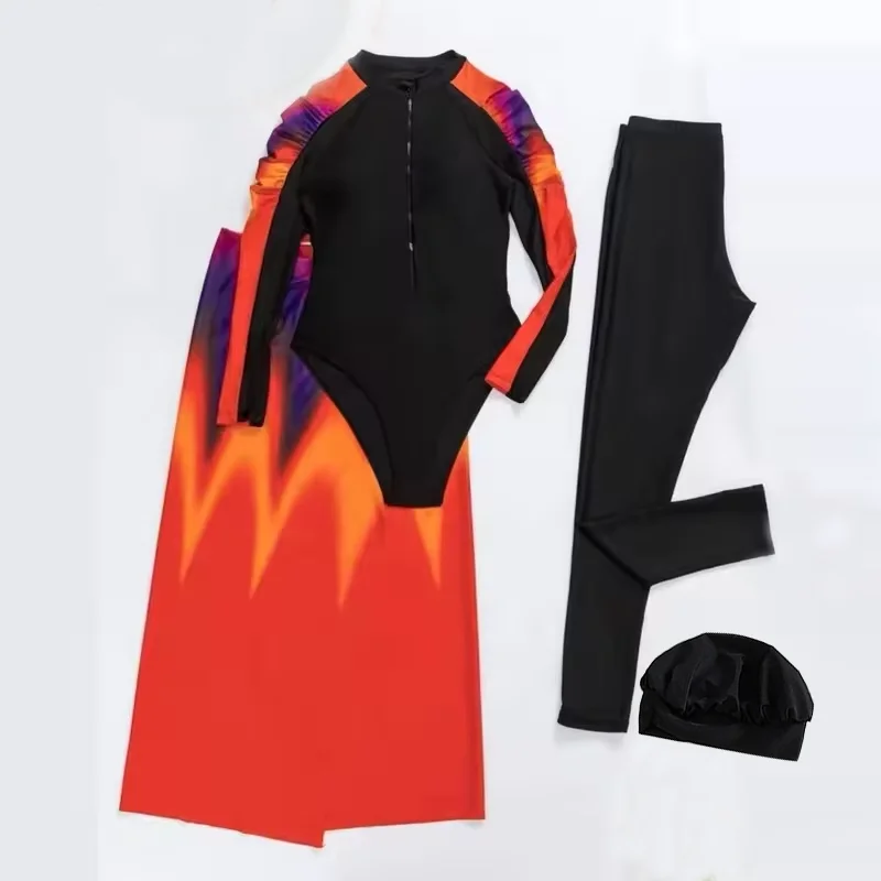 Women’s Muslim Burkini Swimsuit – Long Sleeve Zipper UV Sun Protection Modest Swimwear Gradient Sunset Red Orange Purple Beachwear
