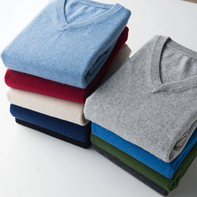 Men’s Classic V-Neck Pullover Sweater – 2024 Autumn Winter Cashmere-Cotton Blend Warm Jumper